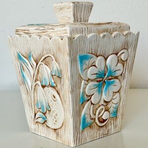 Vintage Floral Ceramic Tea canister in cream and aqua
